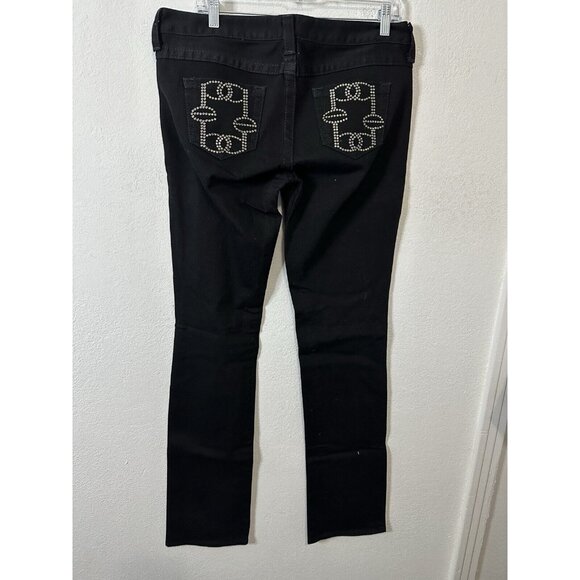 BEBE Women’s Bedazzled Logo Mid Rise Slim Fit Black Jeans Size 31 - Picture 3 of 9
